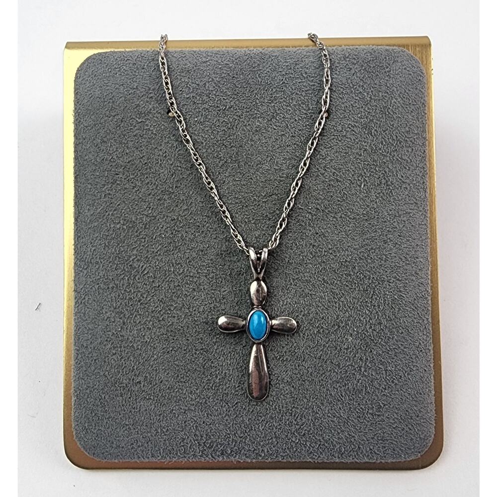 Vintage 925 Sterling Silver Avon Necklace with Cross Pendant & Turquoise Accent